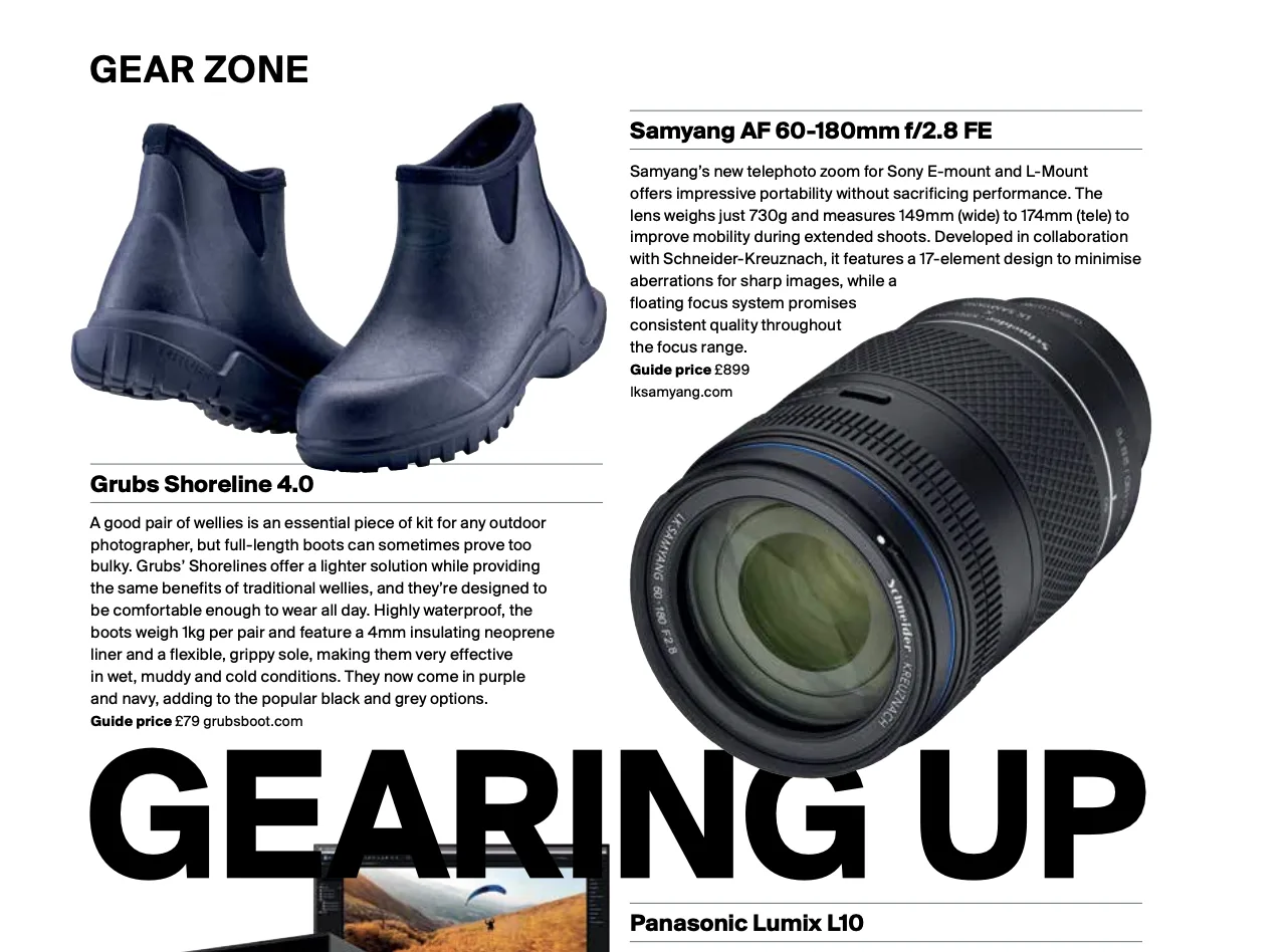 Outdoor Photography magazine's August 2026 "Gearing Up" feature on the Grubs Shoreline 4.0 ankle wellington boots