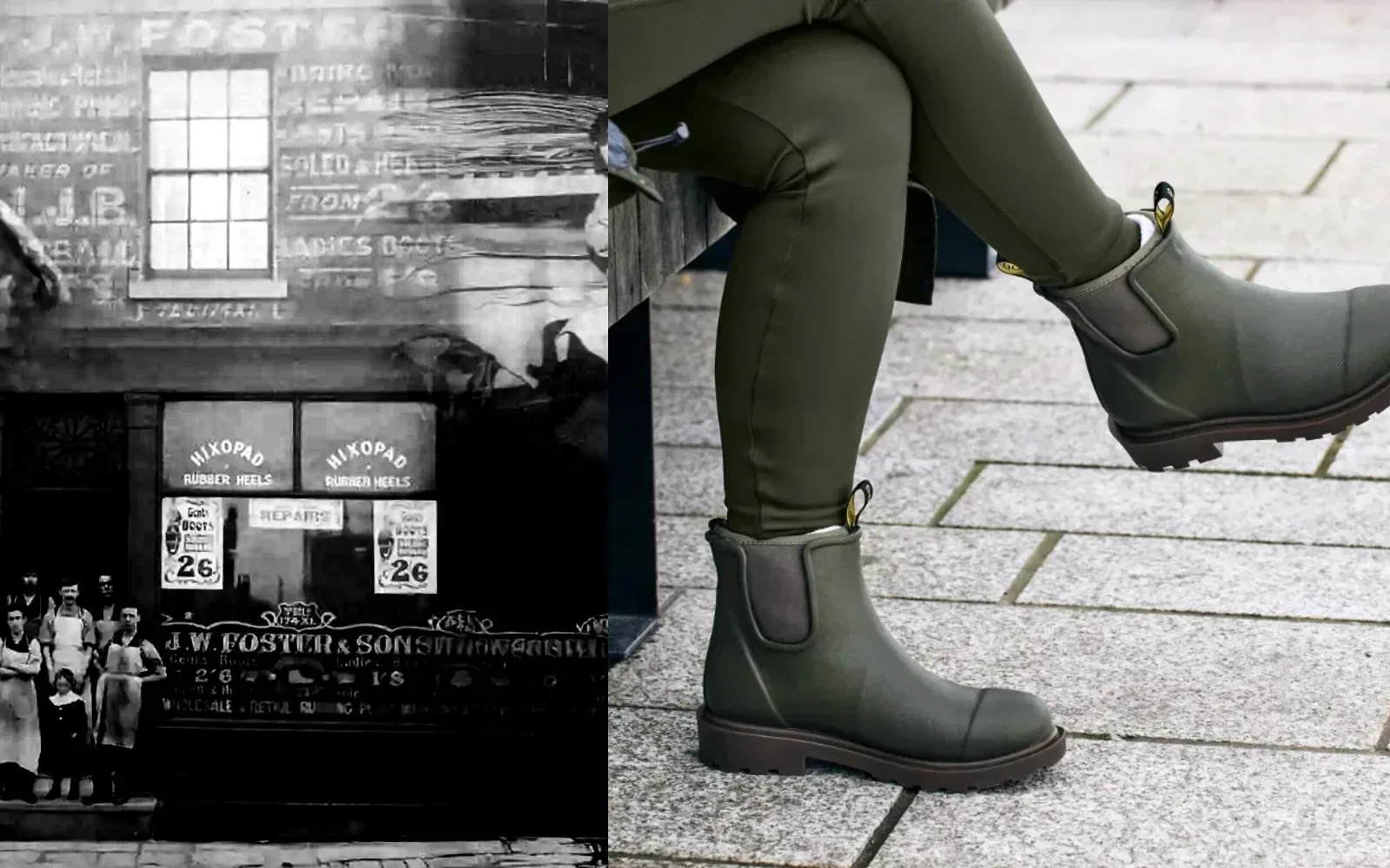 Split image: an archive photograph of the J.W. Foster & Sons shopfront with the family standing outside, beside a modern colour photograph of Sage Green Grubs BROMLEY Chelsea wellingtons worn on a paved city street.