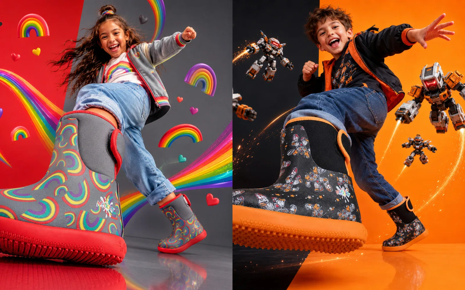 Two children mid-jump in Grubs Muddies SPLISH boots — a girl in rainbow-print boots with red soles against a red and grey backdrop, and a boy in butterfly-print boots with orange soles against an orange and black backdrop.