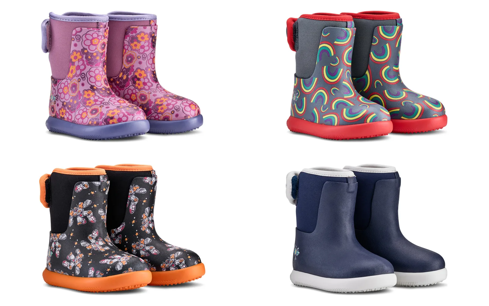 Four pairs of Grubs Muddies SPLISH 4.0 kids barefoot boots on a white background — flower print with lilac sole, rainbow print with red sole, butterfly print with orange sole, and plain indigo with a white sole.