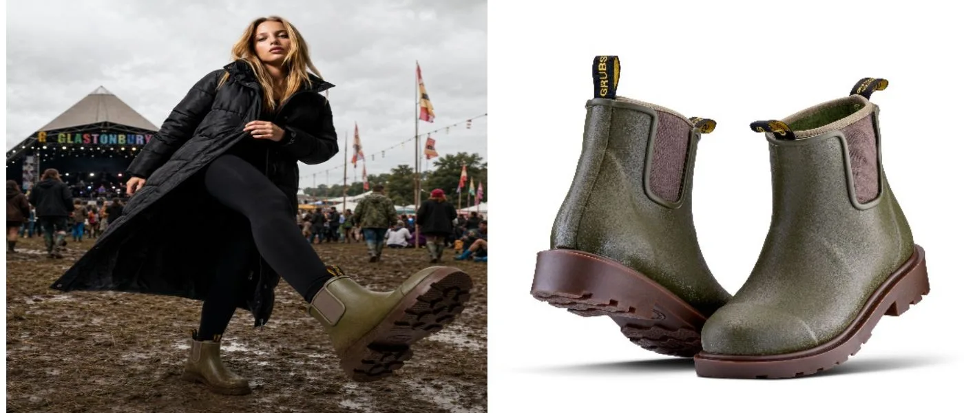 A festival-goer in a black puffer coat strides across a muddy Glastonbury field in Sage Green Grubs BROMLEY boots, shown beside a studio photograph of the Chelsea-style ankle wellingtons.